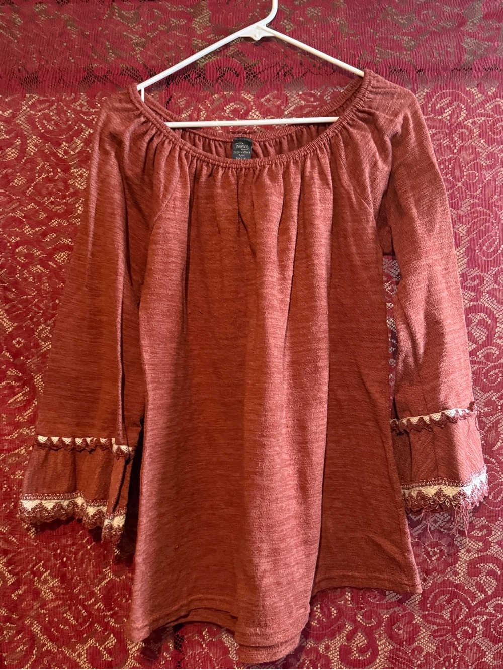 Winwin Boho Terracotta Rust Off Shoulder Tunic Knit Top Crochet Lace Bell Sleeve